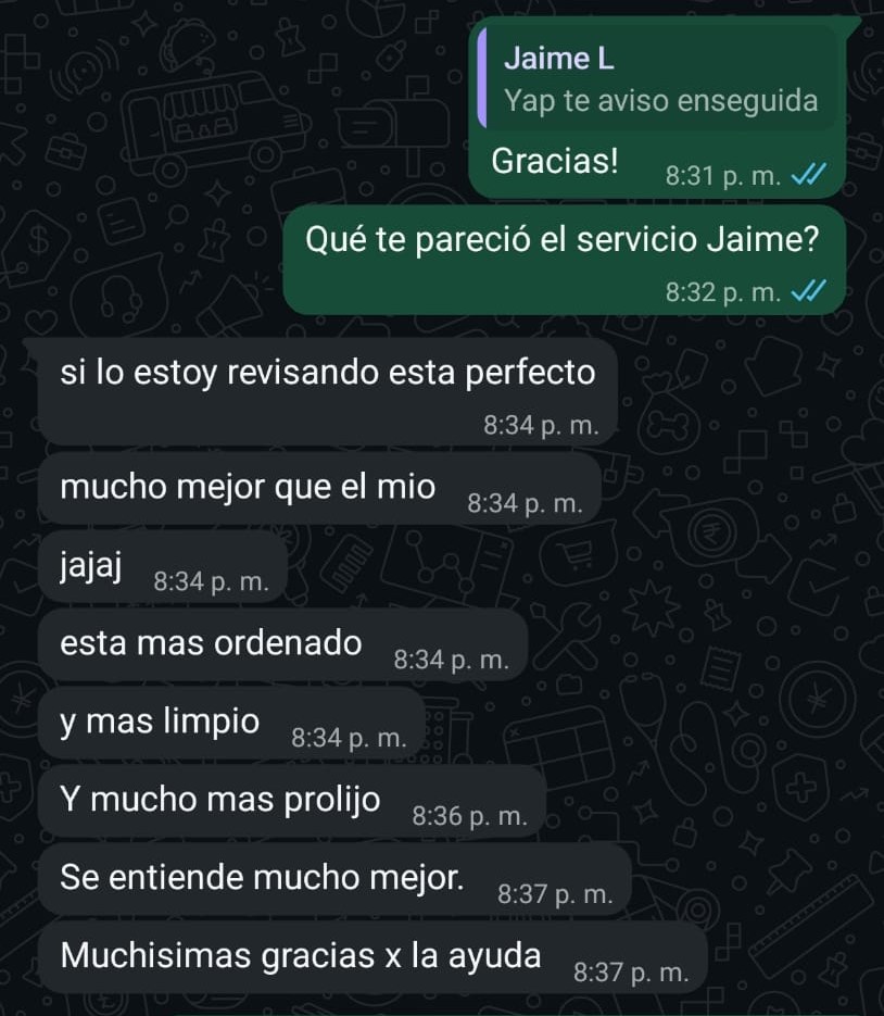Captura de WhatsApp: cliente comenta que su currículum quedó mucho más ordenado, limpio y prolijo