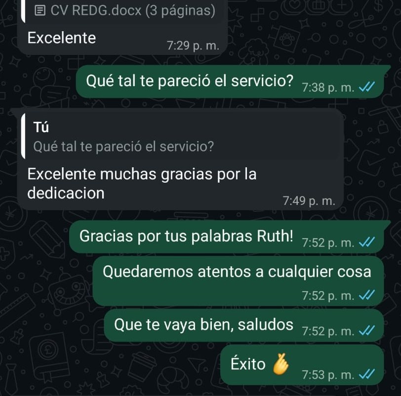 Captura de WhatsApp: clienta agradece la dedicación puesta en su currículum