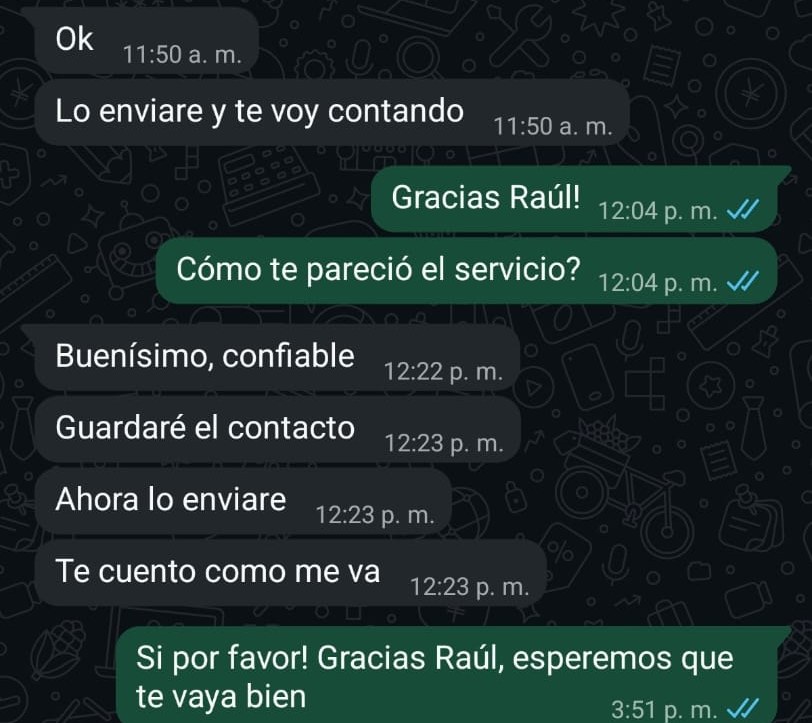 Captura de WhatsApp: cliente califica el servicio como buenísimo y confiable