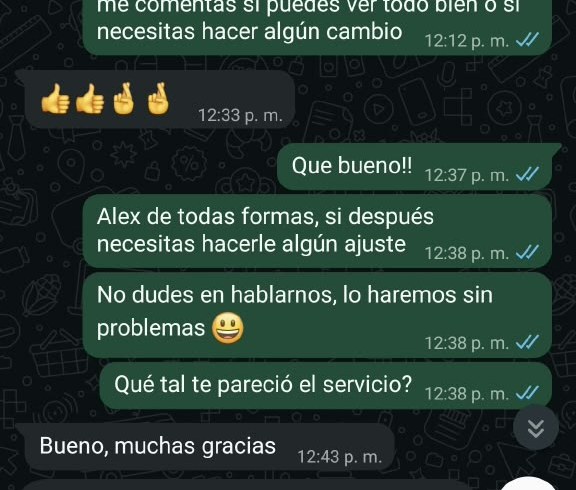 Captura de WhatsApp: cliente agradece y reacciona positivamente al resultado
